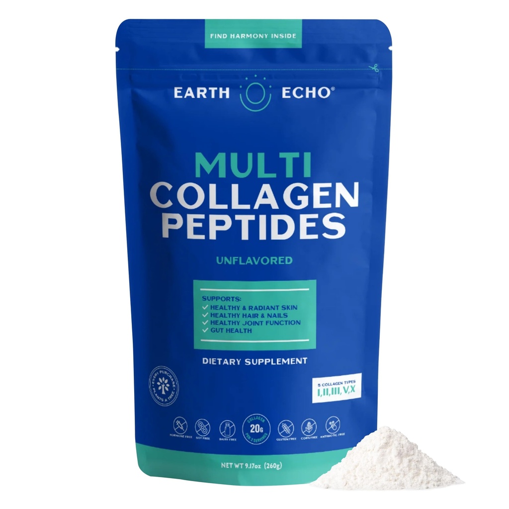 Earth Echo Multi Collagen,, Hydrolyzed Collagen with Vitamin C and Hyaluronic Acid, Supports Radiant Skin, Sağlıklı Ortaklar, Gut Health ve Immune Function, Dairy-Free, 26 Hizmet