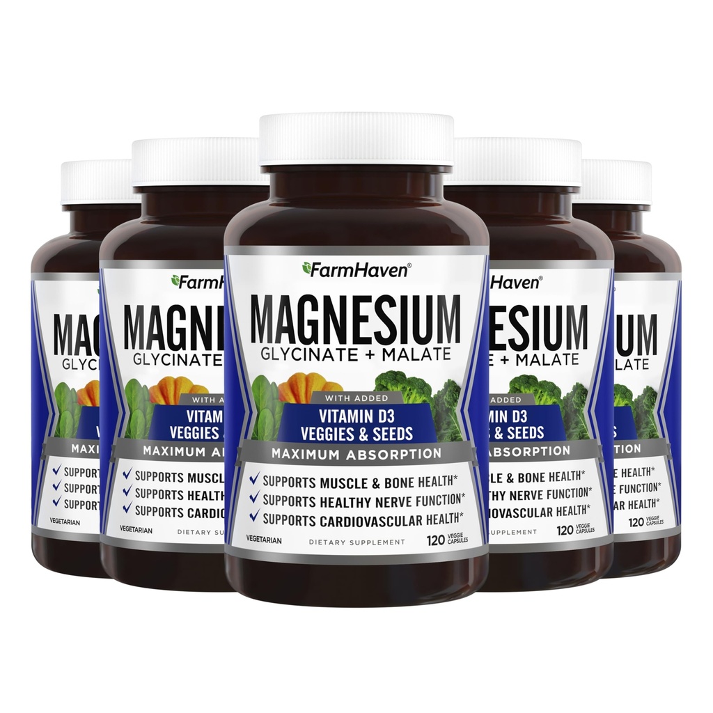 Farm Haven Magnezyum Glycinate & Malate Kompleksi D3,% 100 Chelated for Max Abors, Vegan – Bone Health, Nerves, Muscles, 600 Capsules, 300 Days