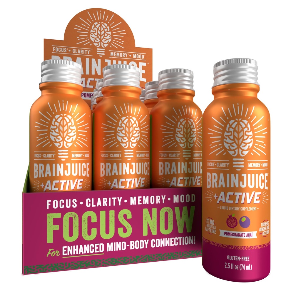 BeyinJuice Active Focus & Energy Drink Shots, Supports Endurance, Recovery & Clarity, Non-GMO, Gluten Free, Nootropics, Alpha GPC, B Vitamins & Organic Green Tea, Pomegranate Acai, 2.5 fl oz, 12 Pack