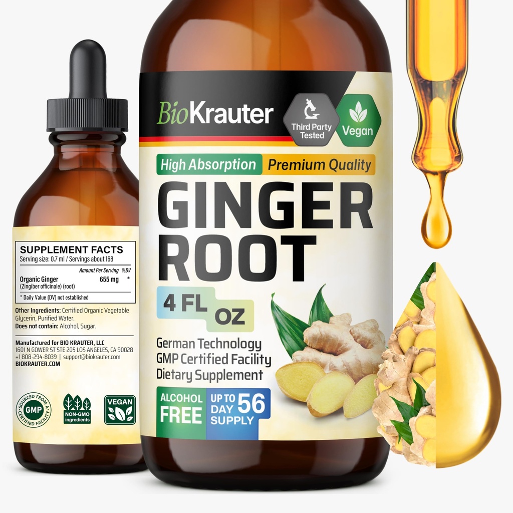 BIO KRAUTER® Ginger Root - Liquid Drops Ginger Extract 655 mg per Serving 4 Fl.Oz 56-Day Supply - Pure Vegan Zingiber Officinale for Digestive Support & Daily Wellness - Alcohol & Sugar Free