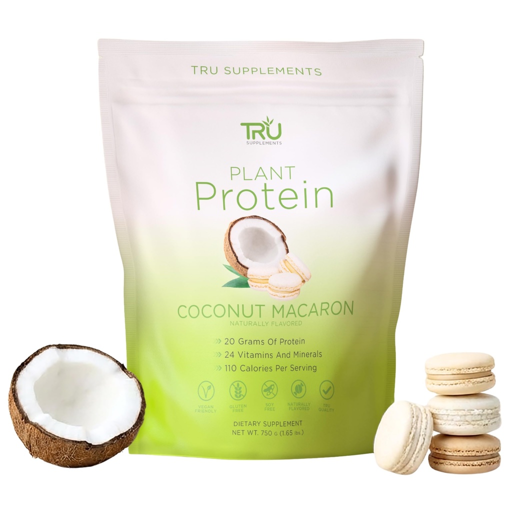 TRU Supplements Plant Temel Protein Toz, BCAA, EAA, 20g Vegan Brown Rice & Pea Protein, 100 Calories, 27 Vitamin, Yapay Flavors 25 Hizmet (Coconut Macaron)