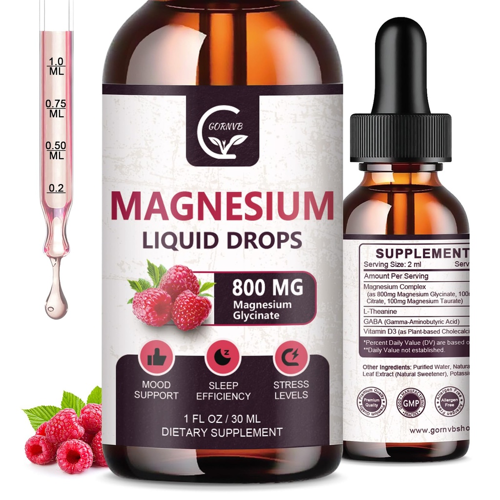 (2 Pack) Magnezyum Glycinate Liquid Drops | 1000 mg Sıvı Kompleksi D3, L-Thea & GABA for Energy, Sleep, Nerve and Heart Health, High Abxia, Raspberry Flavor