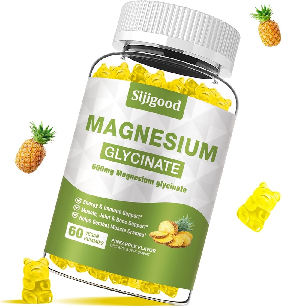 Magnezyum Glycinate Gummies 600mg, Rahatlama ve Zzz Desteği, Yetişkinler ve Çocuklar için Magnezyum Pyumyum Tamam, B6 ve CoQ10 Pinele Flavor, 60 Count