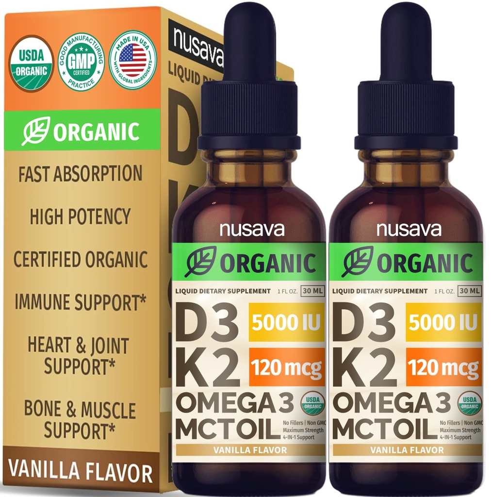 (2 Pack) Organik Vitamin D3 K2 MCT Oil Omega 3, 5000 IU - En Güçlü D Sıvı, No Fillers, Non-GMO Sıvı D3 Daha Hızlı Apsiyon ve Immune Desteği (Vanilla, 1 Fl OZ x 2)