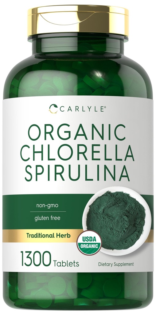 Carlyle Organik Klorella Spirulina Tabletler | 1300 Kont | 50/50 Mix | Non-GMO ve Gluten Free Supplement Supplement