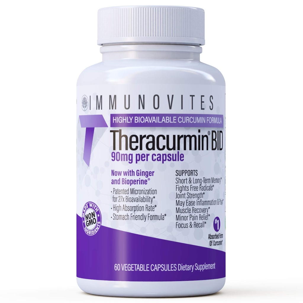 IMMUNOVITES Theracurmin BID 300 mg (Nano Curcumin 90 mg per Cap.)| hizmet başına 600 mg - Şimdi w/Ginger & Bioperine (60ct Şişe)