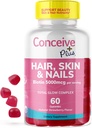 CONCEIVE PLUS Hair Skin & Nails Gummies - Ekstra-Strength Biotin, VIT A, C, D3, E Vitamins - Vegan, Saç Büyüme Tamamı - Gelatin-Free - 60 Kont