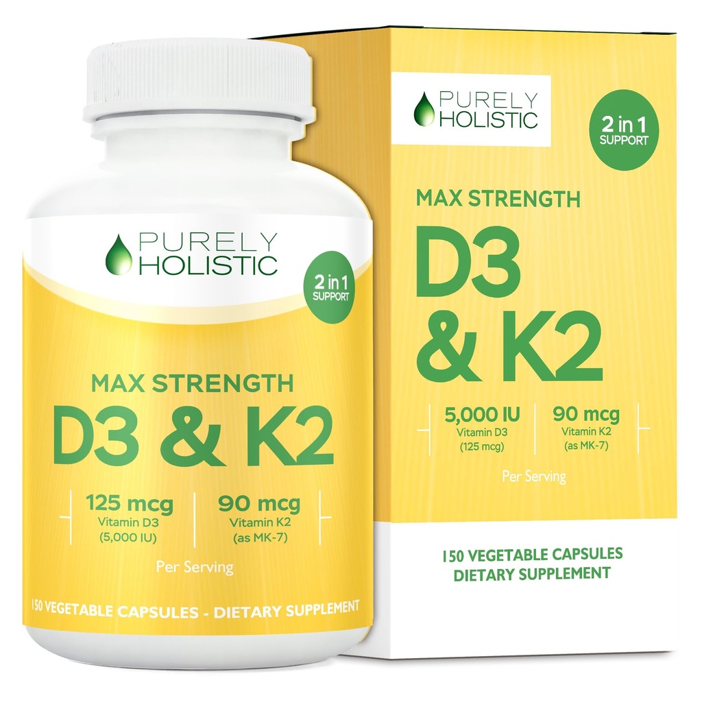 Safly Holistic Vitamin D3 125mcg ve Vitamin K2 9006-4 Ay Supply 150 Vejetaryen Capsules - D3 & K2 Menaqunione - ABD'de Yapılan Yüksek Güç Cholecalciferol
