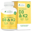Safly Holistic Vitamin D3 125mcg ve Vitamin K2 9006-4 Ay Supply 150 Vejetaryen Capsules - D3 & K2 Menaqunione - ABD'de Yapılan Yüksek Güç Cholecalciferol