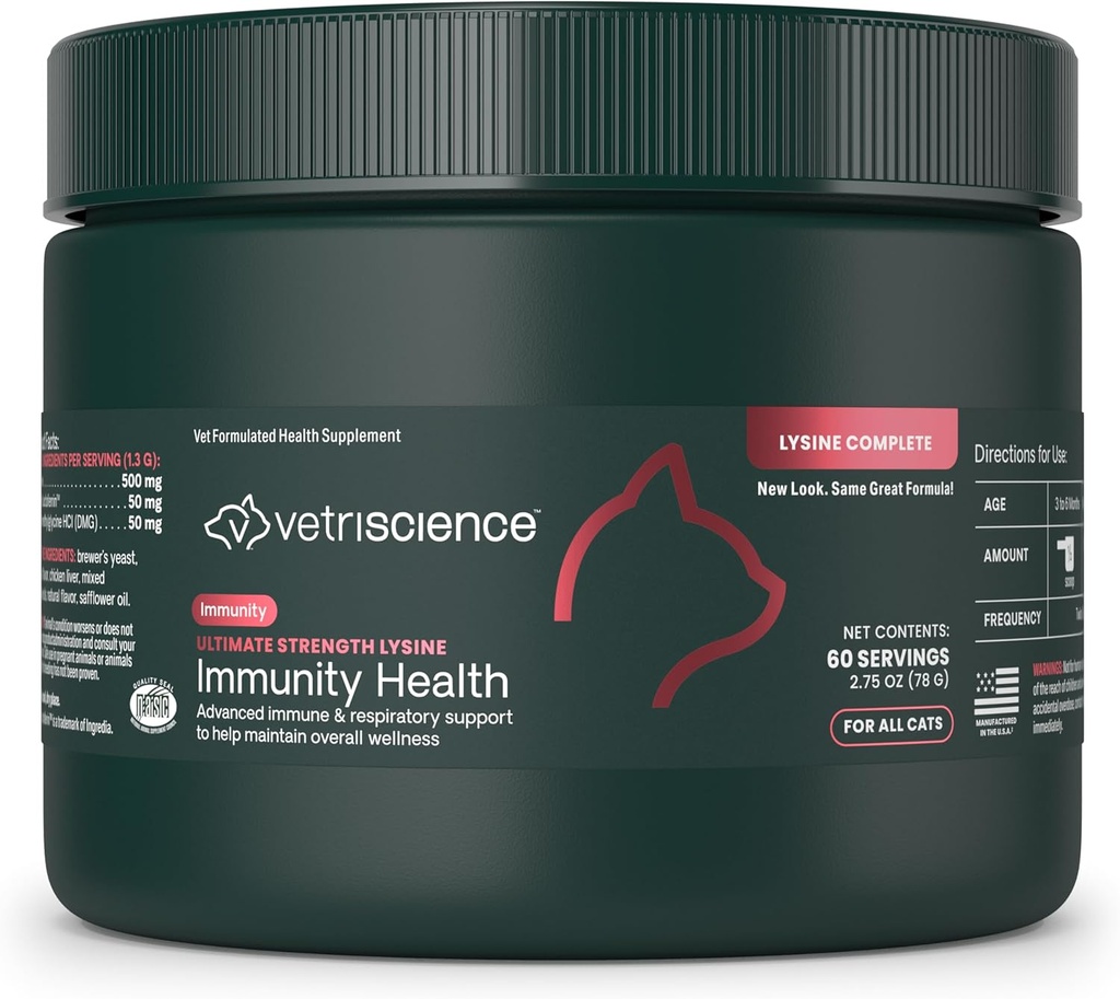 Vetri Science Ultimate Strength Lysine Immunity Health Toz for Cats & Kittens, Supplement for Alerji & Nasal Support, Sneezing, Runny Nose & Watery Eyes, Chicken & Cheese Flavor, 60 Count - New Look