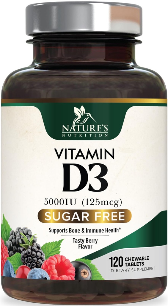 D3 5000 IU (125 mcg) Doğanın Ekstra Güçlü Vitamini Immune Support Health - Bone, Teeth and Muscle Supplements - Sugar Free, Non-GMO, Gluten Free - 120 Kont Tabletler