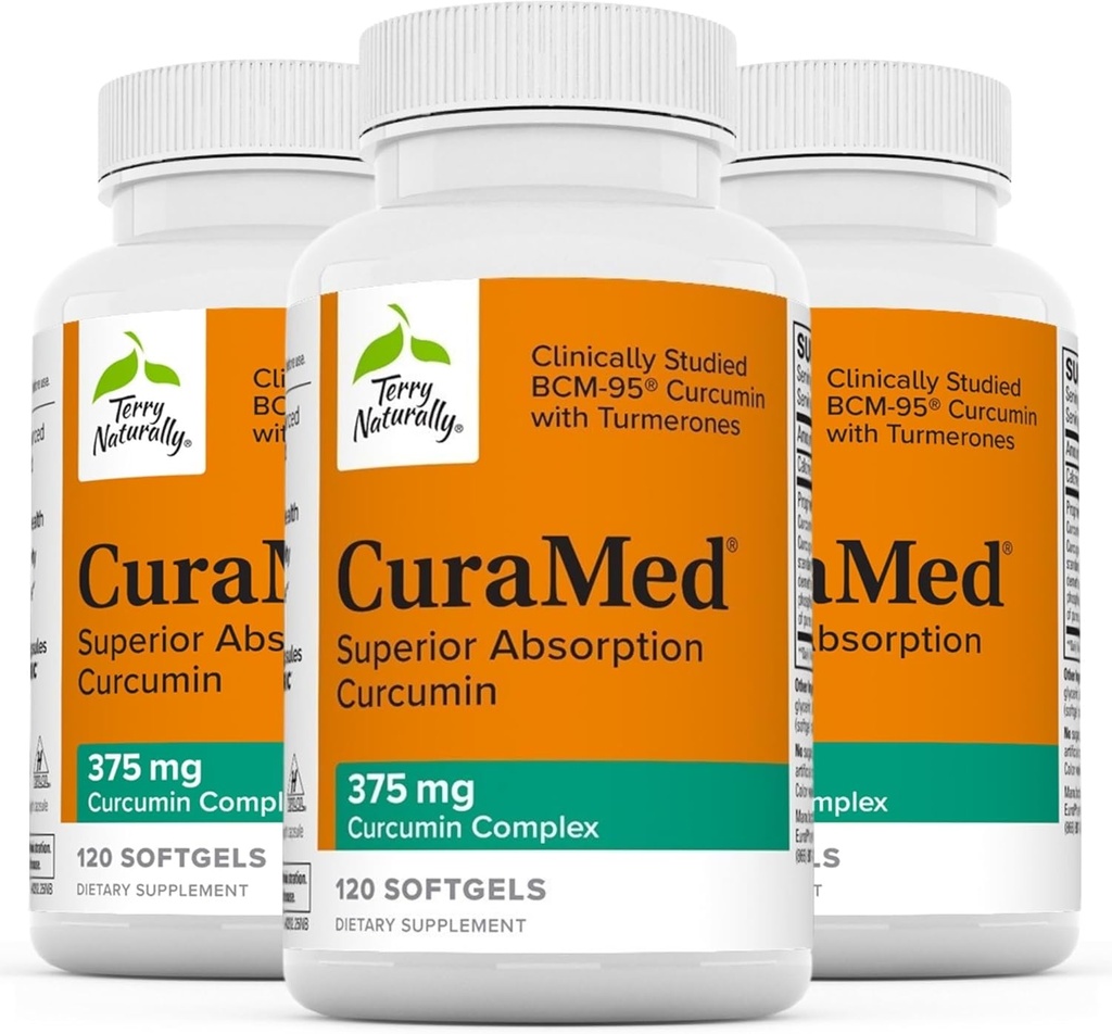 Terry Doğal CuraMed 375 mg - Beyin ve Immune Sağlık Desteği için Antioksi Supplement - Curcumin & Turmeric Essential Oil - Herbal Liver Desteği - 120 Softgels (Pack of 3)