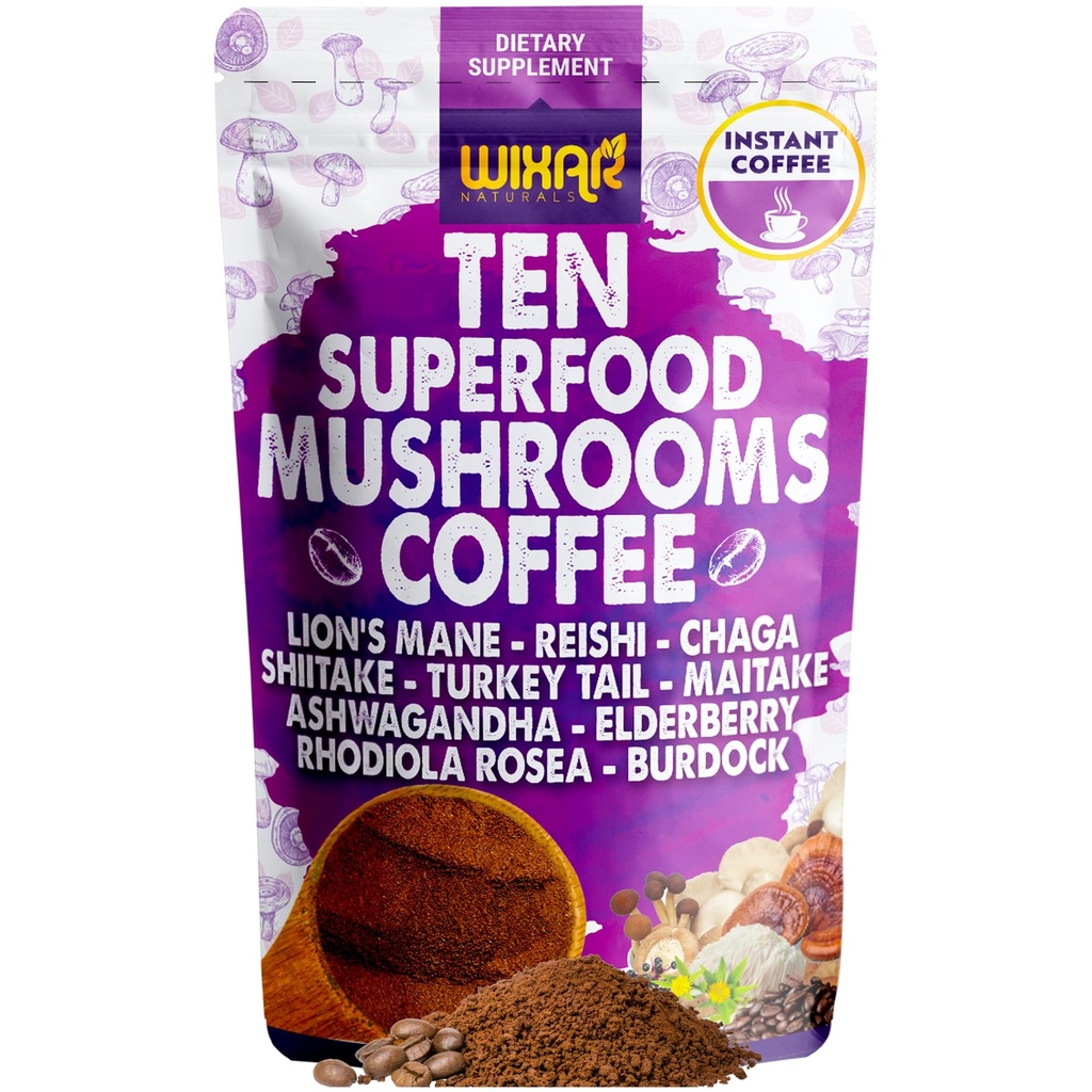 WIXAR Superfood Mushroom Coffee - Instant Coffee Toz, Ten Superfood, Türkiye Tail, Reishi, Chaga, Shiitake, Ashwagandha, Rhodiola Rosea, Elderberry, 5oz Mushroom Supplement