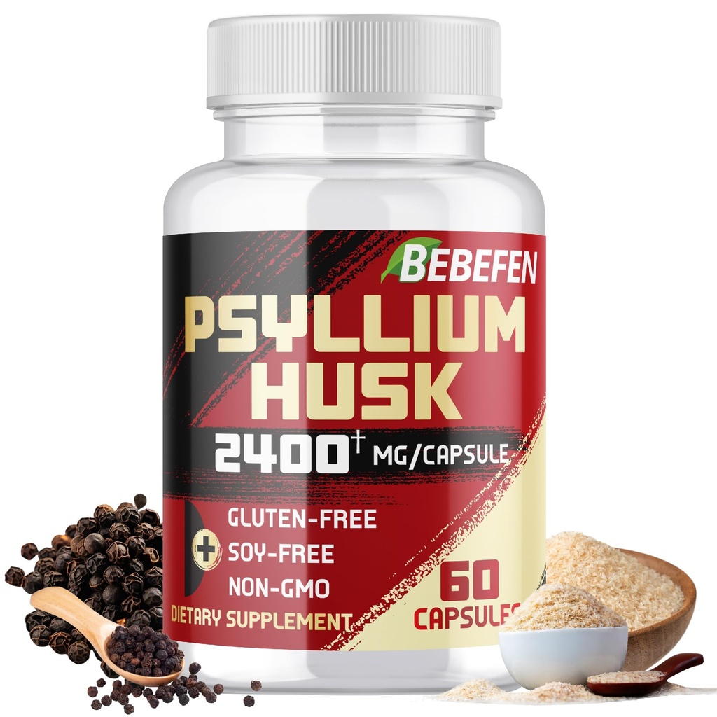 BEBEFEN Psyllium Husk Capsules 2400 mg with Black Pepper - 2 Ay Supply - Gut Health için Günlük ► Fiber - Non-GMO ve Gluten-Free Formula