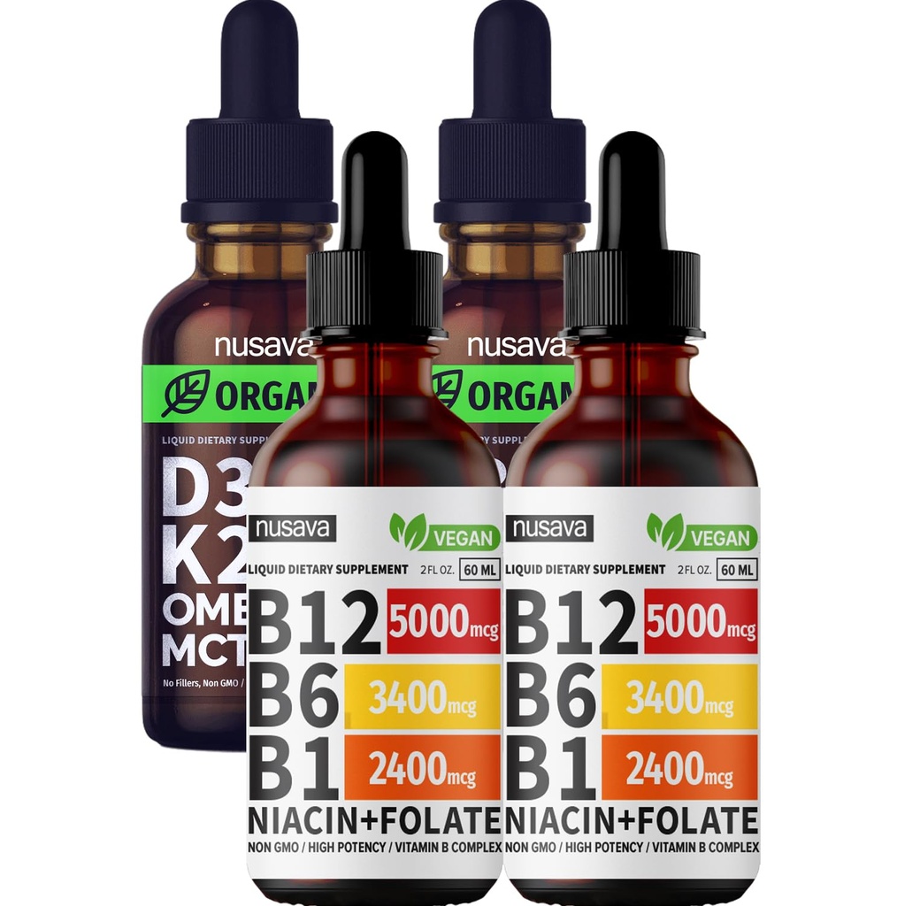 NUSAVA Vitamin B12 Sıvı Ölçeği ve Unflavored D3 K2 Sche - Kalp, Ortak, Enerji ve Immune Desteği - Gluten-Free, 2pk Her Şey