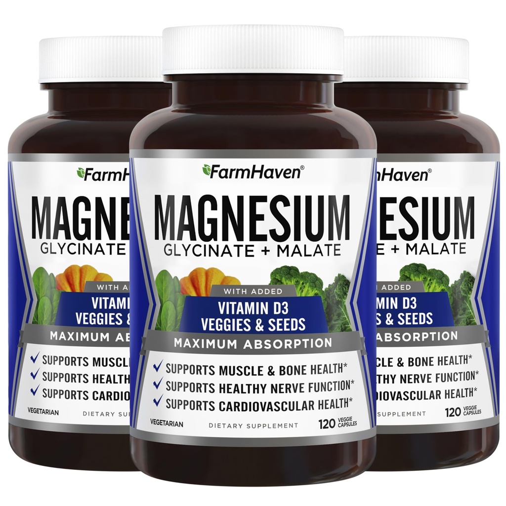 Farm Haven Magnezyum Glycinate & Malate Kompleksi D3,% 100 Chelated for Max Abors, Vegan – Bone Health, Nerves, Muscles, 360 Capsules, 180 Days
