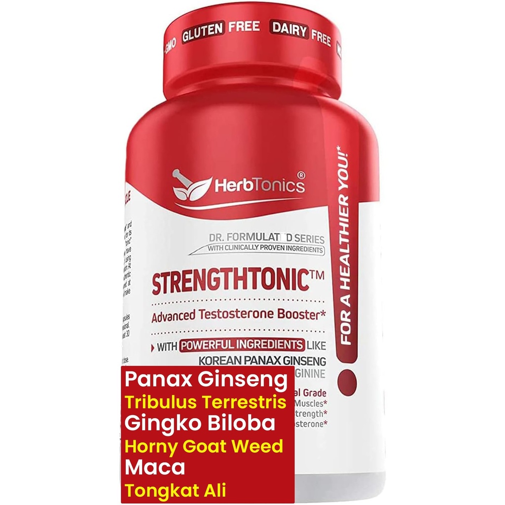 Herbtonics Testosterone Support Supplement for Men - Korean Panax Ginseng & Tribulus Terrestris - Supports Healthy Energy, Strength & Stamina - 60 Vegan Capsules