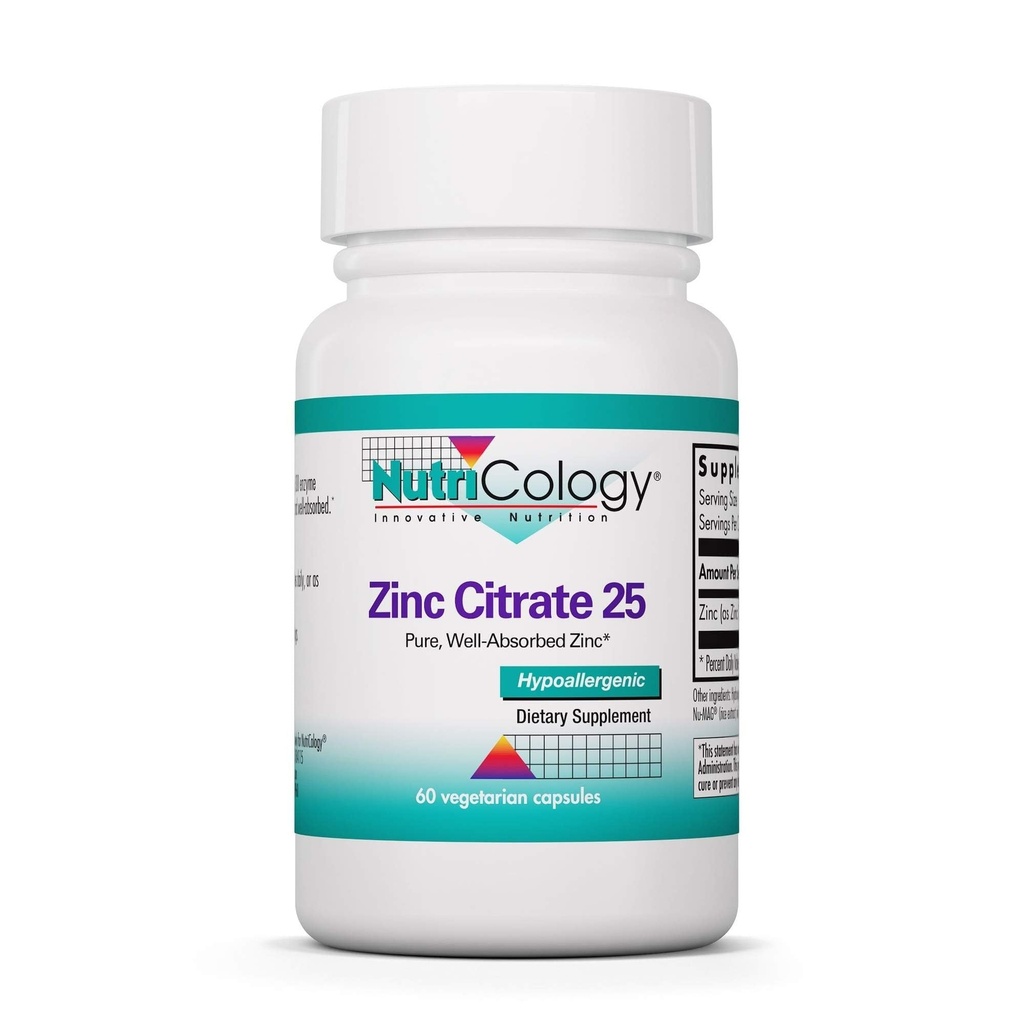 Nutricology çinko Citrate Supplement - 25mg çinko for Men & Women, Immune Support, Pure, Well-Absorbed, Well-Tolerated, Trace Mineral, Vegetarian Capsules - 60 Count