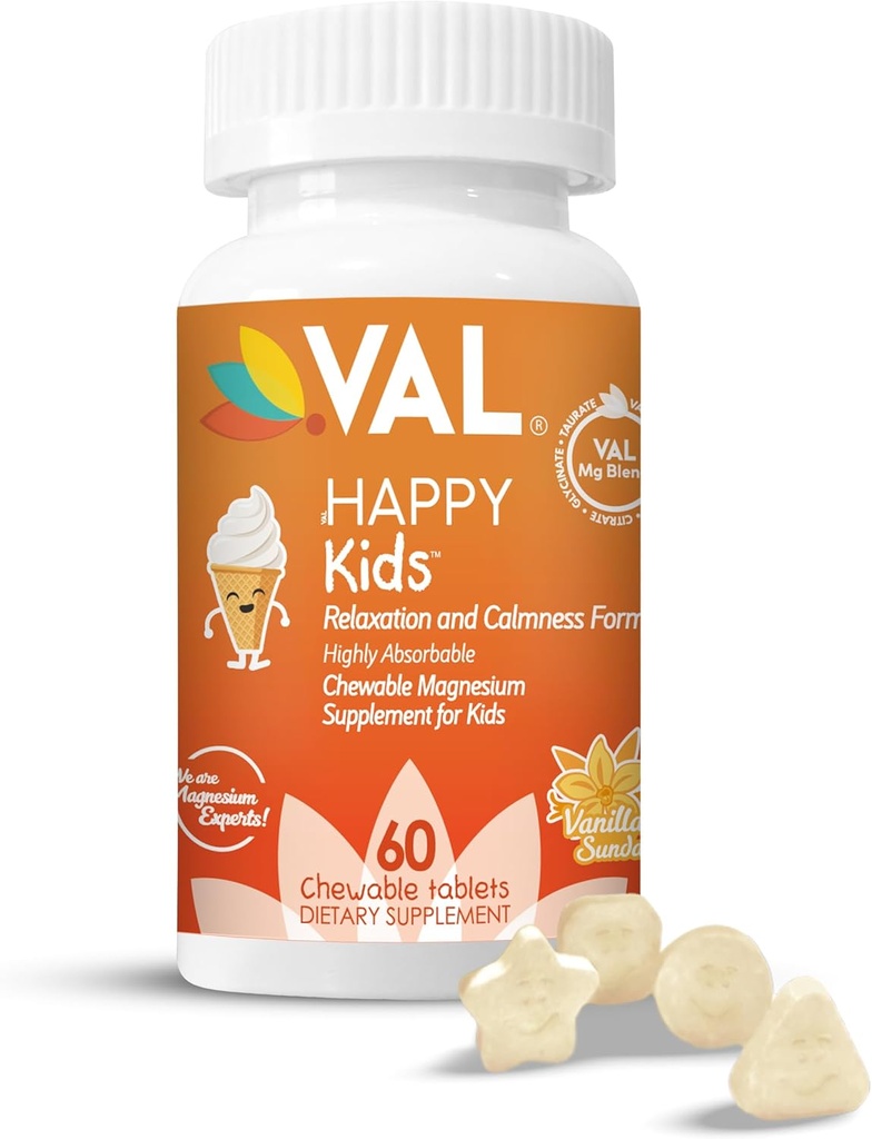 Çocuklar için VAL, Calm, Relaxation, Focus, Magnezyum Glycinate, Citrate, Taurate Vitamin B6, D, C | Sugar-Free, Vanilla - 60 Chewable Tabletler (Polonya'nın paketi)