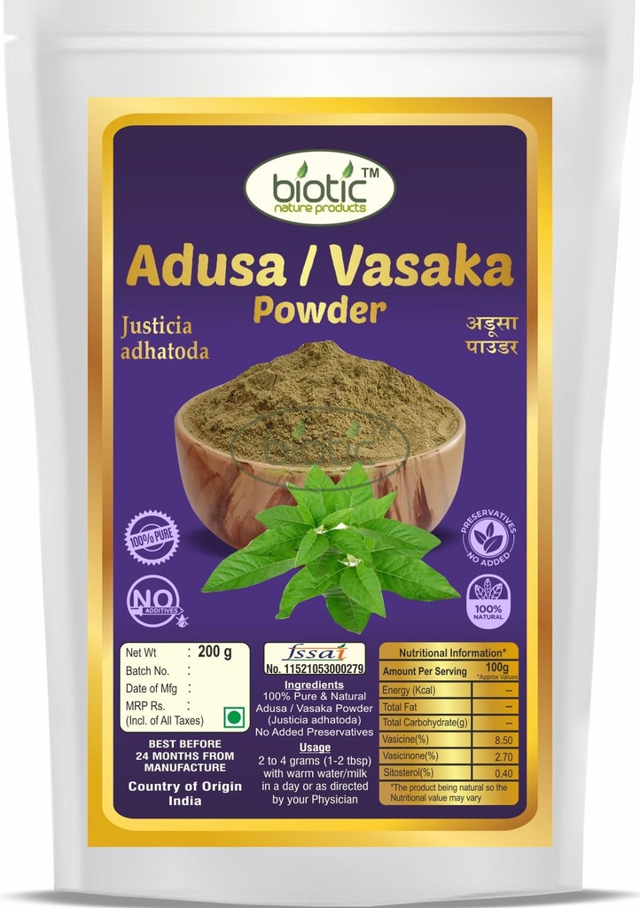 Biotic Natural Adusa Powder - Vasaka Powder - Adhatoda Vasica - Aadathodai - Adulsa - Adathodai Churna - 200gm