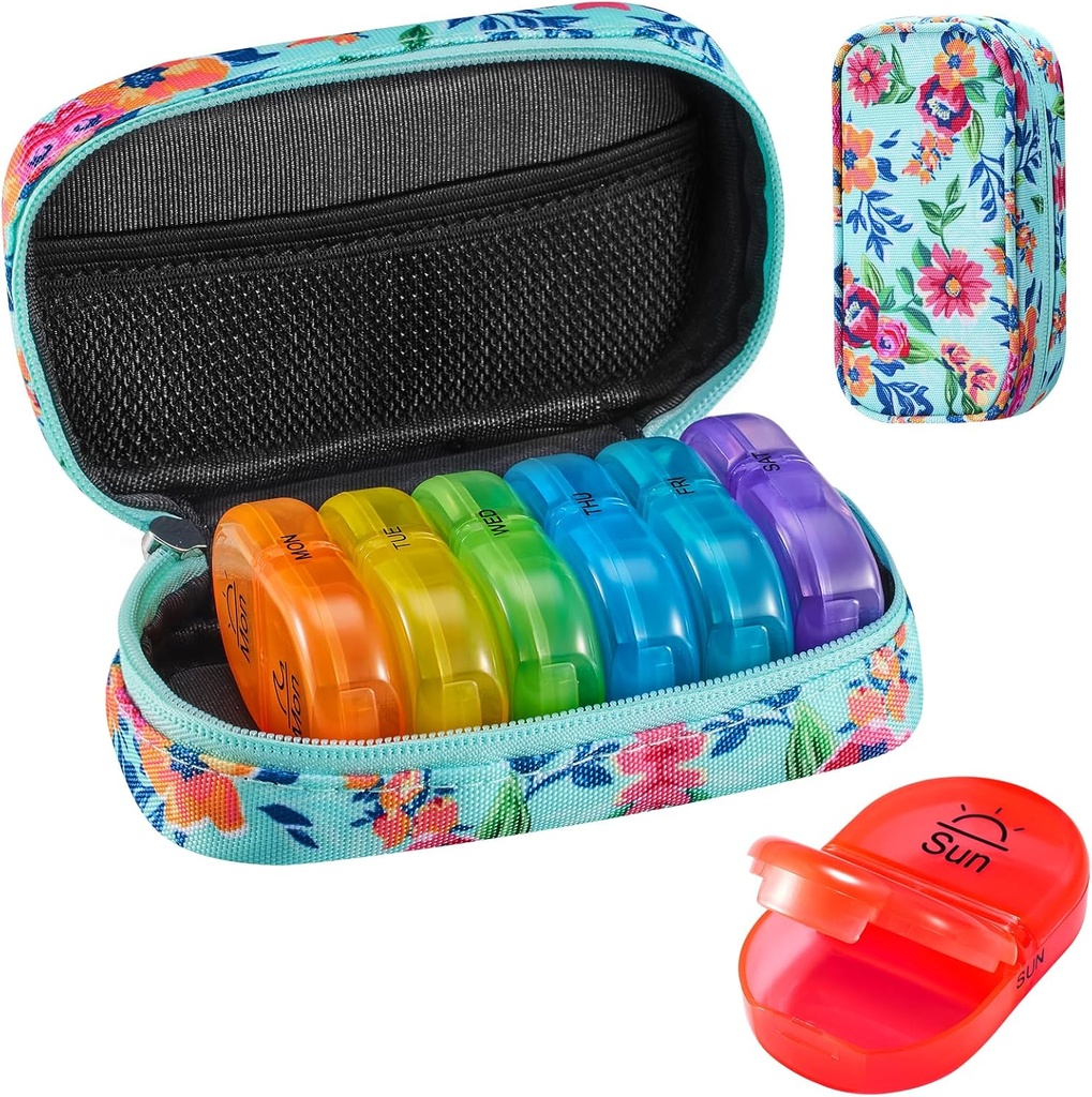 Serfeymi Weekly Travel Pill Organizer 2 Times A Day AM PM Yükseltd Rainbow Pill Box 7 Day with Portreatif Hologram Kanları, Vitaminler, Balık Yağları - Yeşil 01