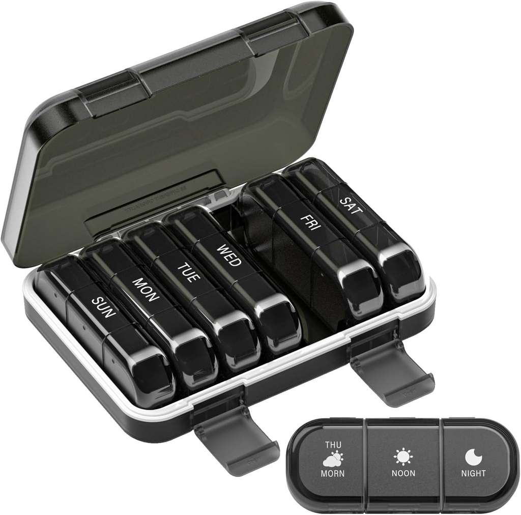 Haftalık Pill Organizer 3 Times bir gün, 7 Gün Portreatif Pill Box for Pills, Vitaminler, Fish Oil, Drug, Supplements (3x7 Black)