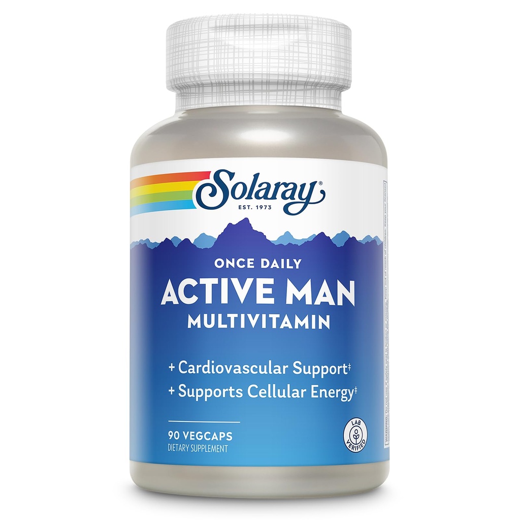 SOLARAY Once Daily Active Man Multivitamin - Cellular Energy and Immune Support Supplement w/Vitamin D, Vitamin C, B12, B6, Zinc, Lutein, Digestive Enzymes, Whole Foods, 60-Day Guarantee, 90 Servings