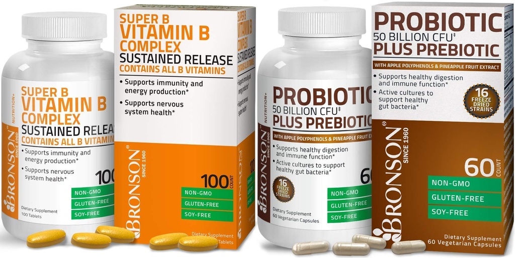 Bronson Probiyotik 50 Milyar CFU + Prebiyotik ile Apple Polyols & Pineapple Meyve Ekstraksiyonu + Vitamin B Kompleksi Sustained