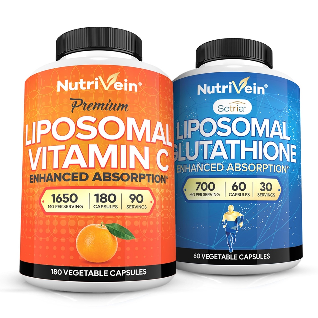 Nutrivein Premium Liposomal Vitamin C 1650 mg & Liposomal Glutathione Sche - Yüksek Abors Ascorbici Plus Master Antioksi & Liver Cleanse - Non-GMO, Vegan/Vegetarian - 180 + 60 Capsules