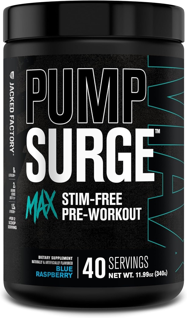 Jacked Factory Pumpsurge Max Stim Free Pre Workout - High-Performance Caffeine Free Pre Workout with L-Citrulline, N03-T Arginine Nitrate & Glutathione - 40 Hizmet, Blue Raspberry