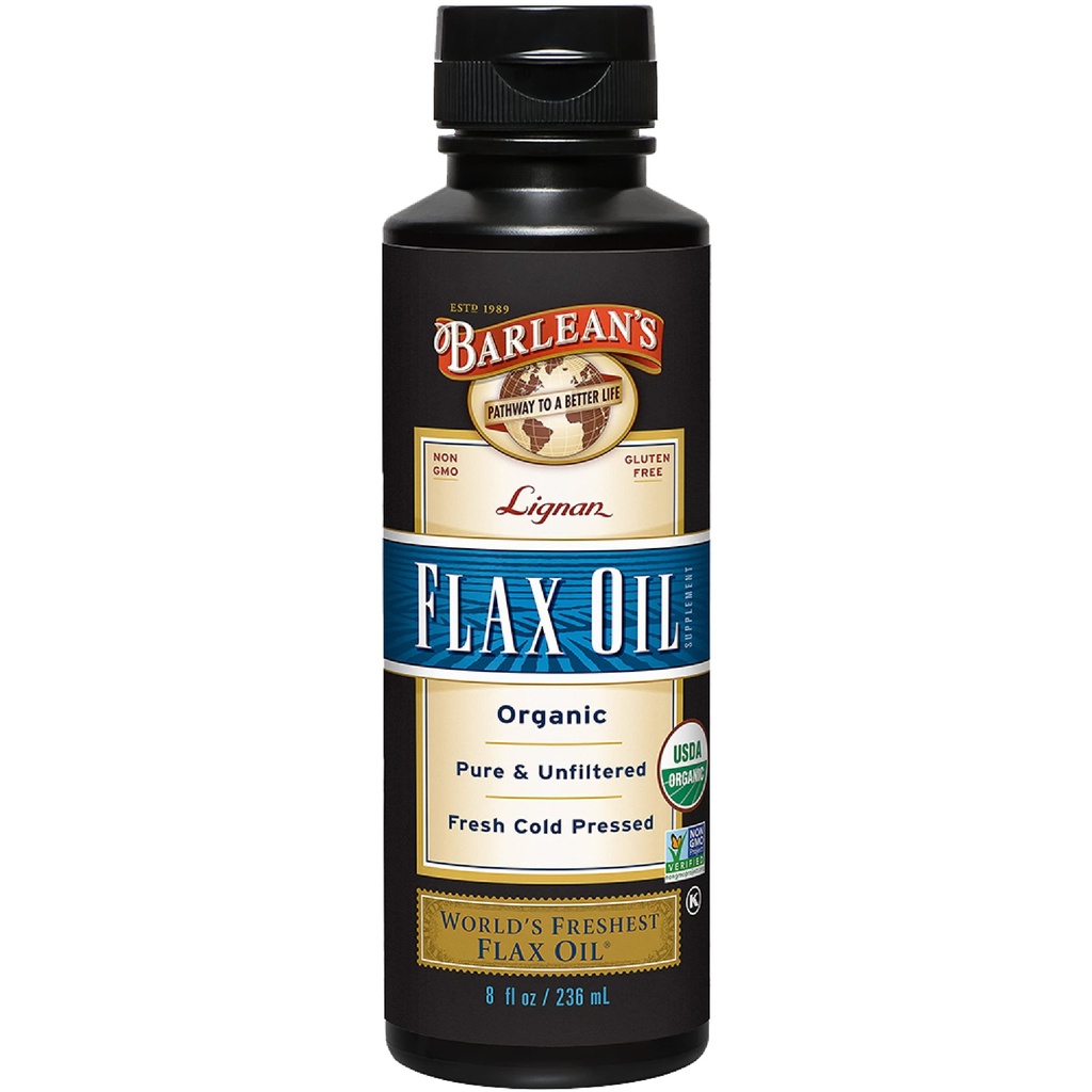 Barlean's Organic Lignan Flaxseed Oil Liquid Supplement from Cold Pressed Flax Tohums, 7,230 mg ALA Omega-3 Fatty Acids for Skin and Hair Care, Vegan & Gluten Free, 8 ozz