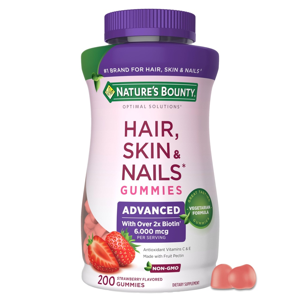 Nature's Bounty Optimal Solutions Advanced Hair, Skin and Nails Pectin Gummies, 2x Biotin Per Service, No Stick Gummy, Vegetarian Formula, Strawberry Flavor, 200 ct, 100 Toplam Hizmetler