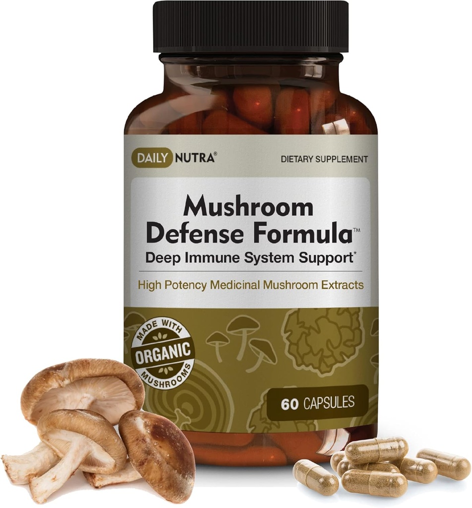 DailyNutra Mushroom Defense Formula - Immune Support Supplement | Organik Mushrooms, Hot Water Extracted - Reishi, Chaga, Maitake, Shiitake & Türkiye Tail (60 Capsules)