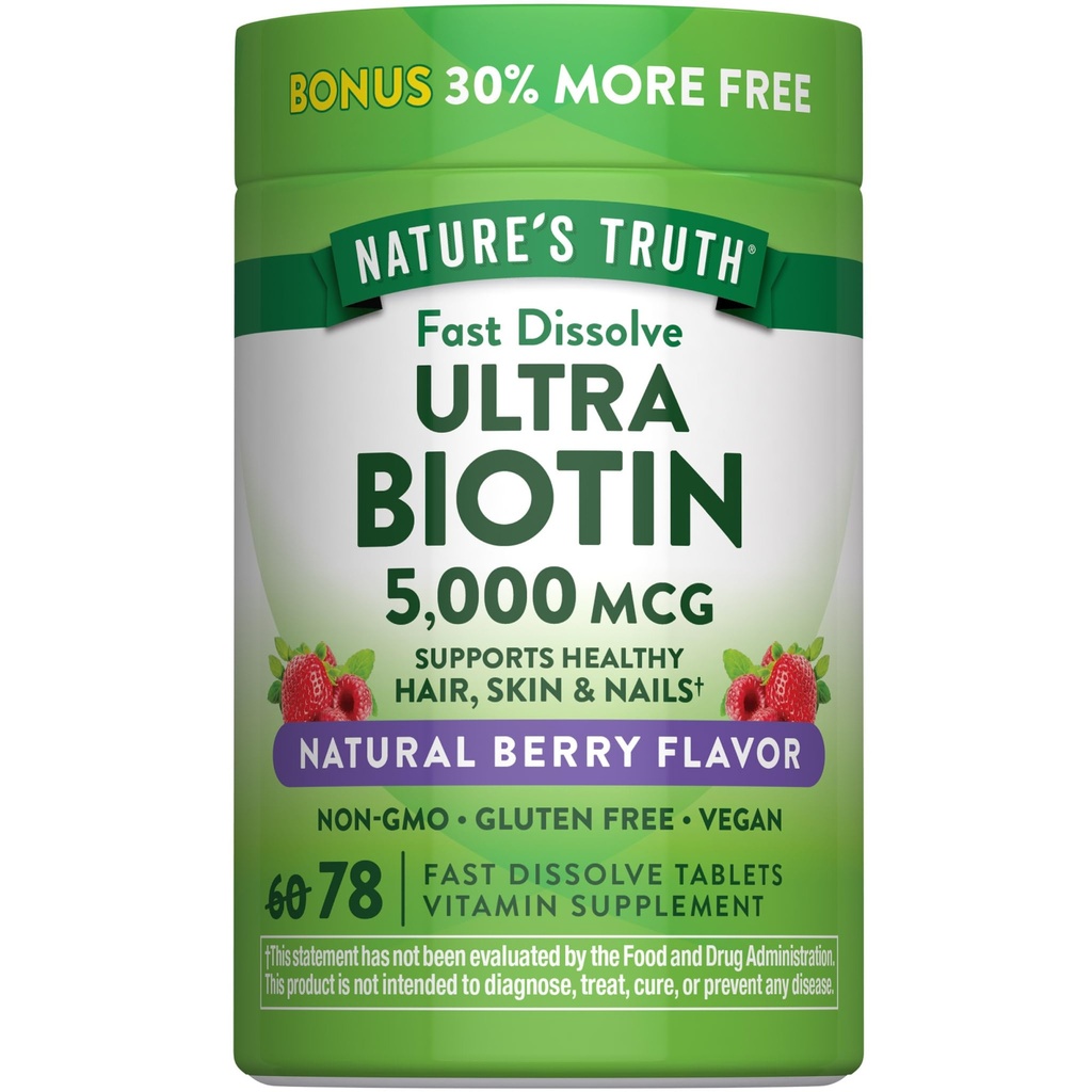 Nature's Truth Biotin 5000mcg | 78 Hızlı Dissolve Tabletler | Natural Berry Flavor | Vegan, Non-GMO, Gluten Free