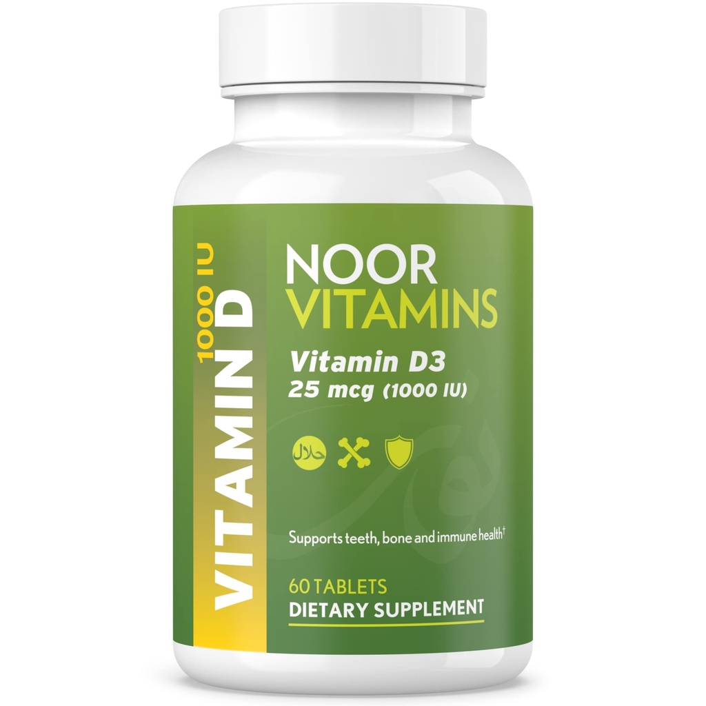 Noor Vitamins Halal Vitamin D, Halal Vitamin D3, 1000 IU Tablets, Supports Bone, Immune & Heart Health, Non-GMO, Gluten Free & Halal (60 Count)