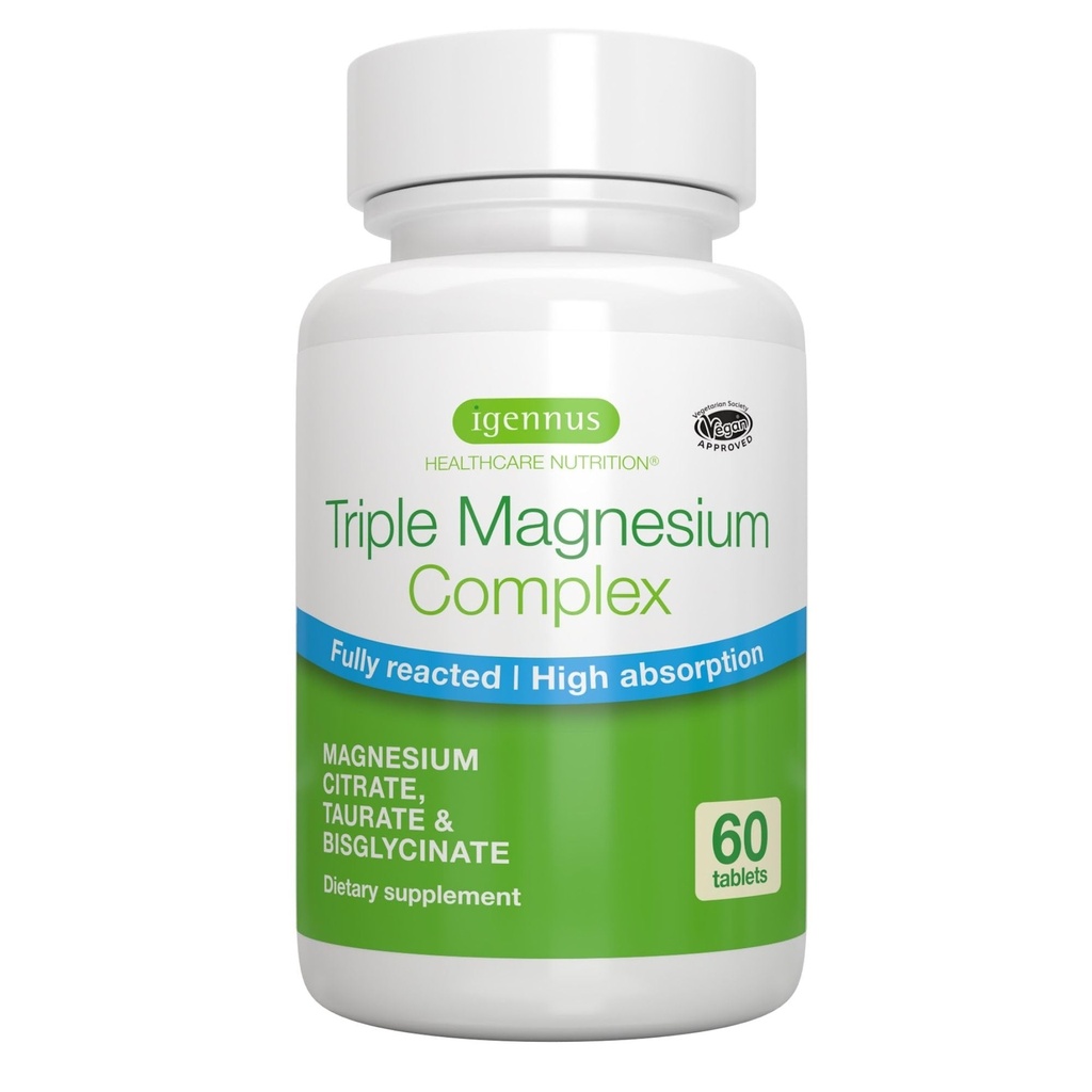 Igennus Superior Triple Magnezyum Kompleksi, Tam Reakt & Chelated Glycinate, Taurate & Citrate, Clean Label, High Bioavailability & Abxia, 60 Tablet, Vegan, Non-Buffered