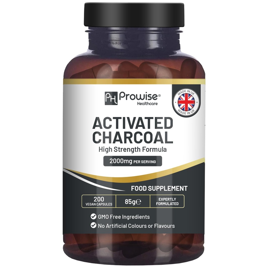 Aktif Charcoal Capsules - İngiltere'de Prowise Health tarafından yaptığım hizmet için 200 High Strength Vegan Capsules- 2000mg