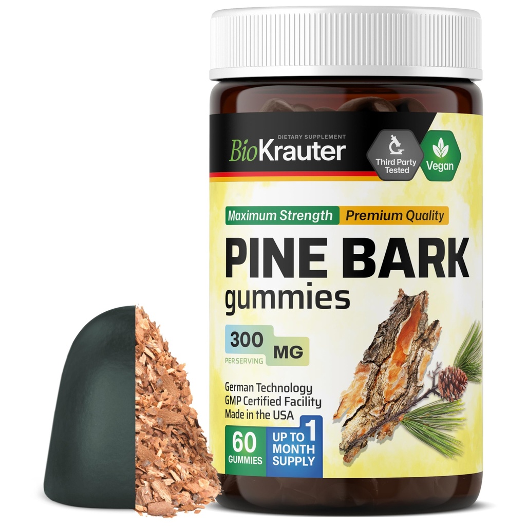 BIO KRAUTER Pine Bark Ekstraksiyon Gummies - 300 mg Güçlü - 60 Vegan Chews - Fransız Deniz Standardı Bark Ekstraksiyon - Antioksi Supplement -% 95 Proanthocyandins - Pectin-Based Formula