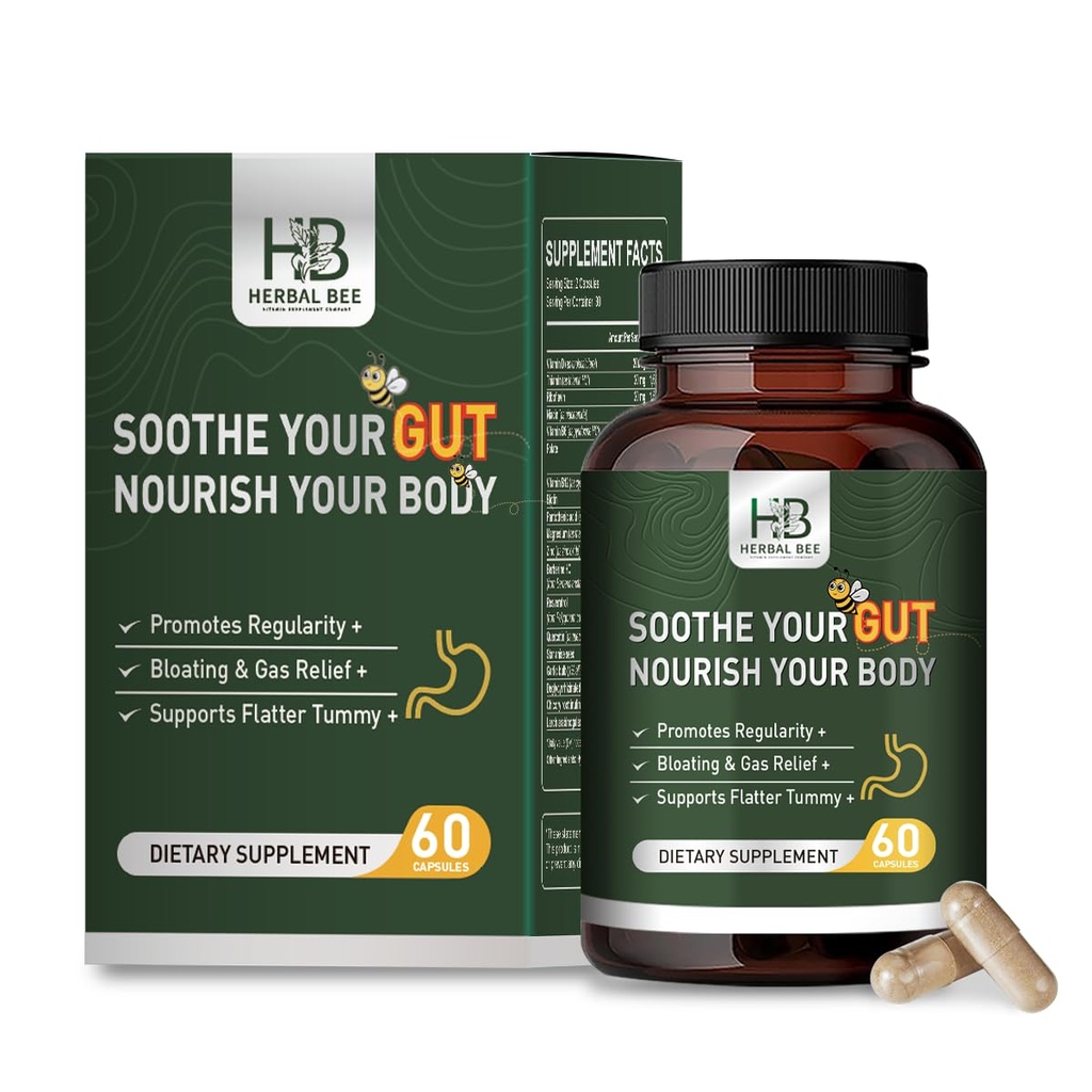 Herbal BEE Gut Health - Gas and Bloating Relief, Constipation, Leaky Gut Tamir - Gut Cleanse & Restore Digestion - Düzenliliği, Kolon Temizliği, 60 Capsules
