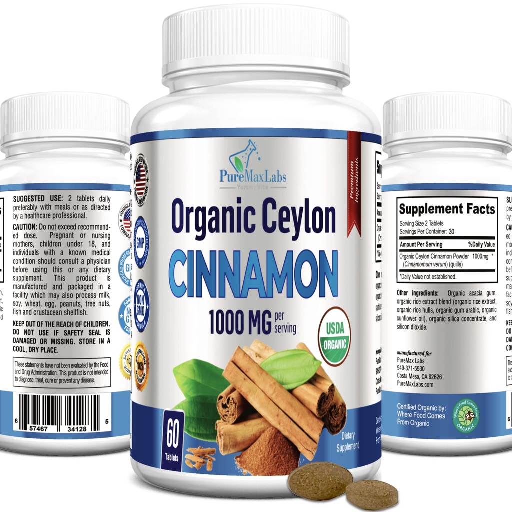 Organik Ceylon Cinnamon - hizmet başına 1000 mg, sertifikalı Organik True Cinnamon Supplement, antioksidan, Hızlı Aborpsiyon - 60 Tabletler