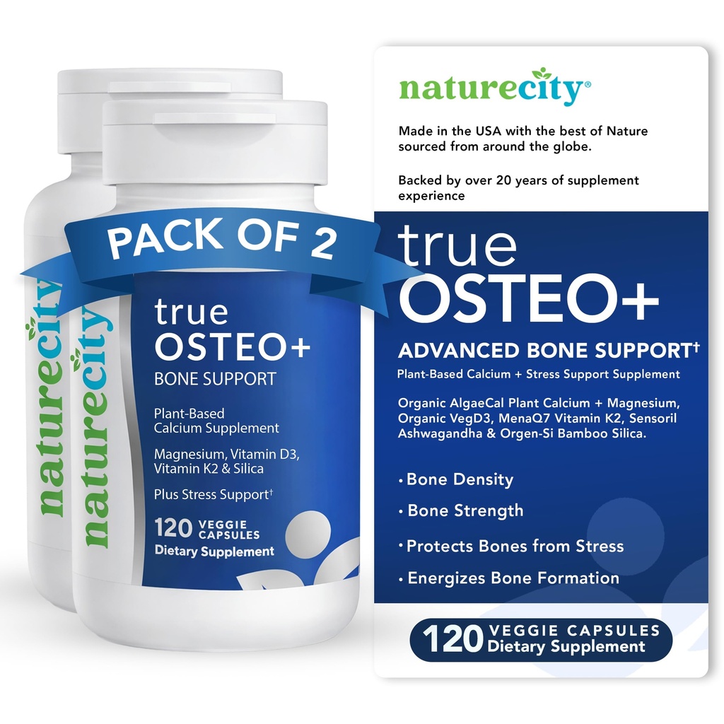NatureCity True-Osteo+ Bone Support with Ashwagandha – for Strength & Influence – Plant-Based Food AlgaeCal, Magnezyum, Vitamin D3, K2, Silikon & Stres Desteği | 240 Veggie Capsules