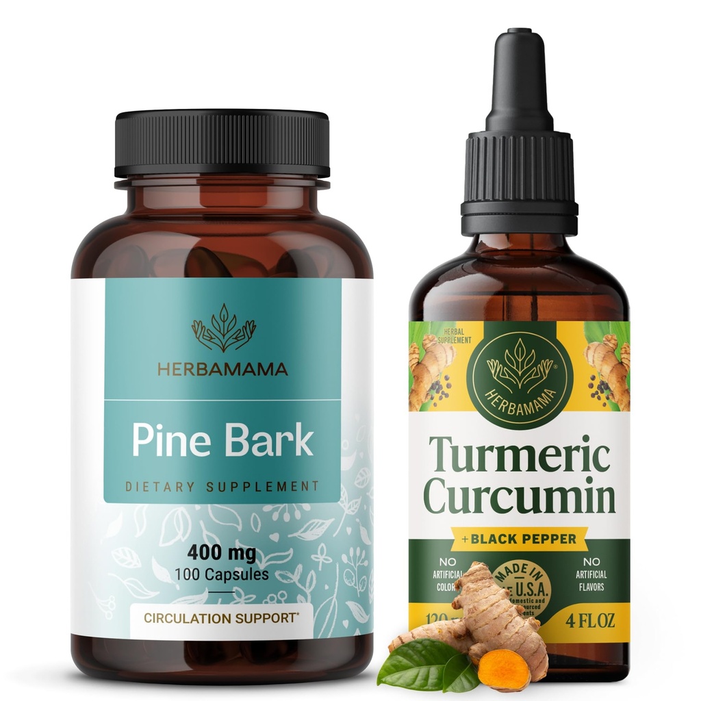 HERBAMAMA Turmeric Extract and Pine Bark Kit - 400 mg Fransız Deniz Capsules & Turmeric Extract Tincture 2 fl oz - Vegan, Non-GMO, Sugar & Alkol-Free - 2 Pack
