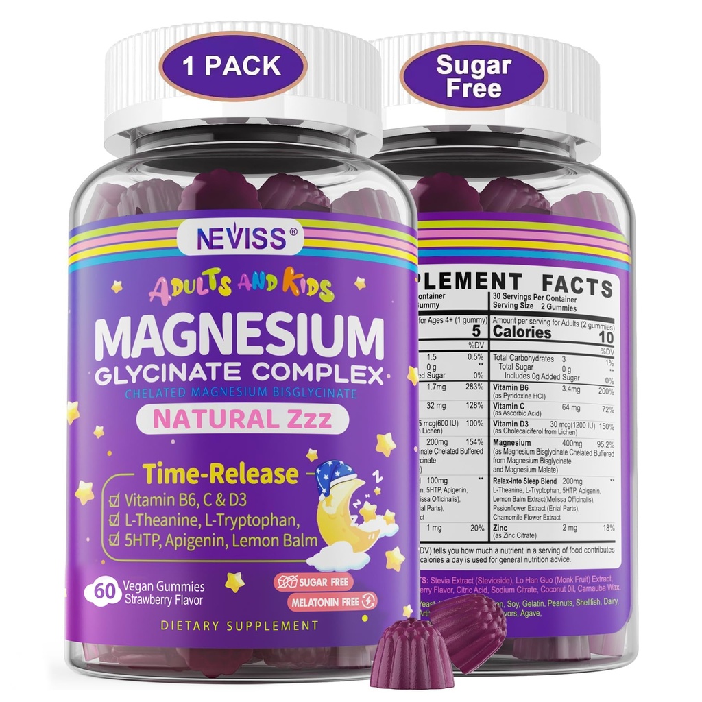 Magnesium Glycinate Gummies for Adults & Kids 4+, Sugar Free Magnesium Bisglycinate Supplement 400/200mg with B6D3, 5HTP, L-Theanine for Sleep & Relaxation, Brain, Muscle, Melatonin Free Gummies,1Pack