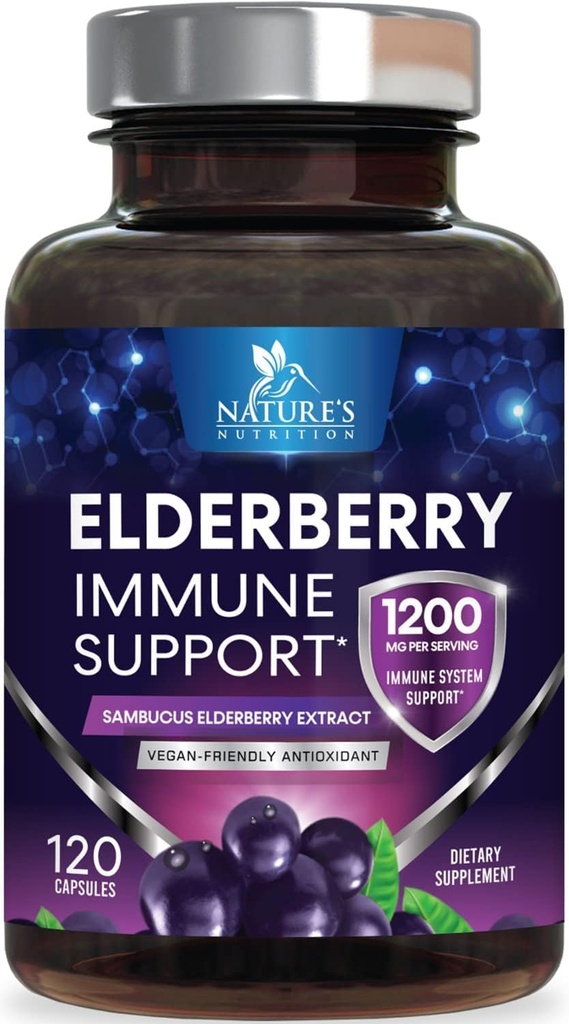 Elderberry Immune Support 1200 mg - Daily Immune Support for Yetişkinler with Tempd Sambucus Black Elderberry Extract - Antioksi Vitamin Supplement, Gluten Free, Şişed in USA - 120 Capsules
