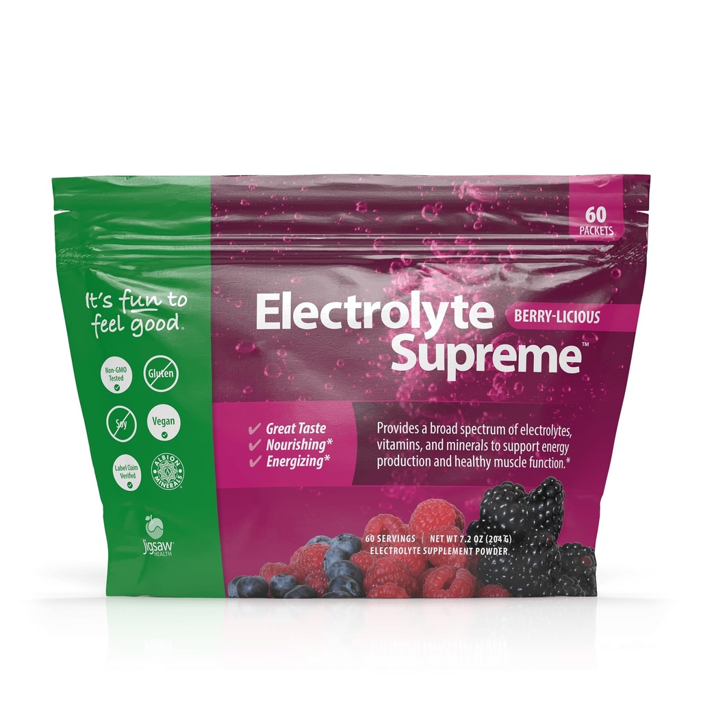 Jigsaw Health Electrolyte Supreme | Broad Spectrum of Electrolytes + Trace Minerals | Berry-Licious Flavor | 60 Hizmet (Paketler)