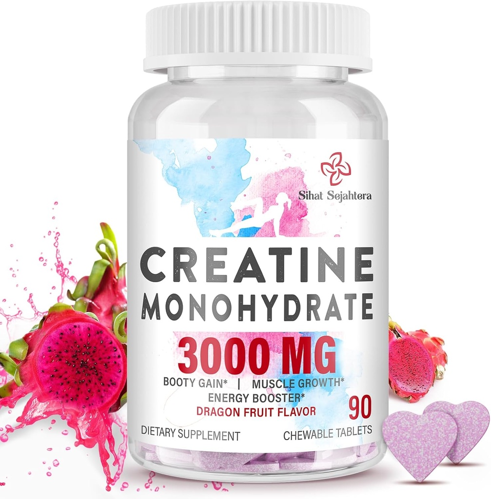 3000 MG Kadın ve Erkekler için Monohidrat, BCAA ve Hydrolyzed Collagen Kretine Chews Tabletleri Performans ve Kurtarma, Güçlü, Ejderha Meyve Flavor, 90 Tabletler