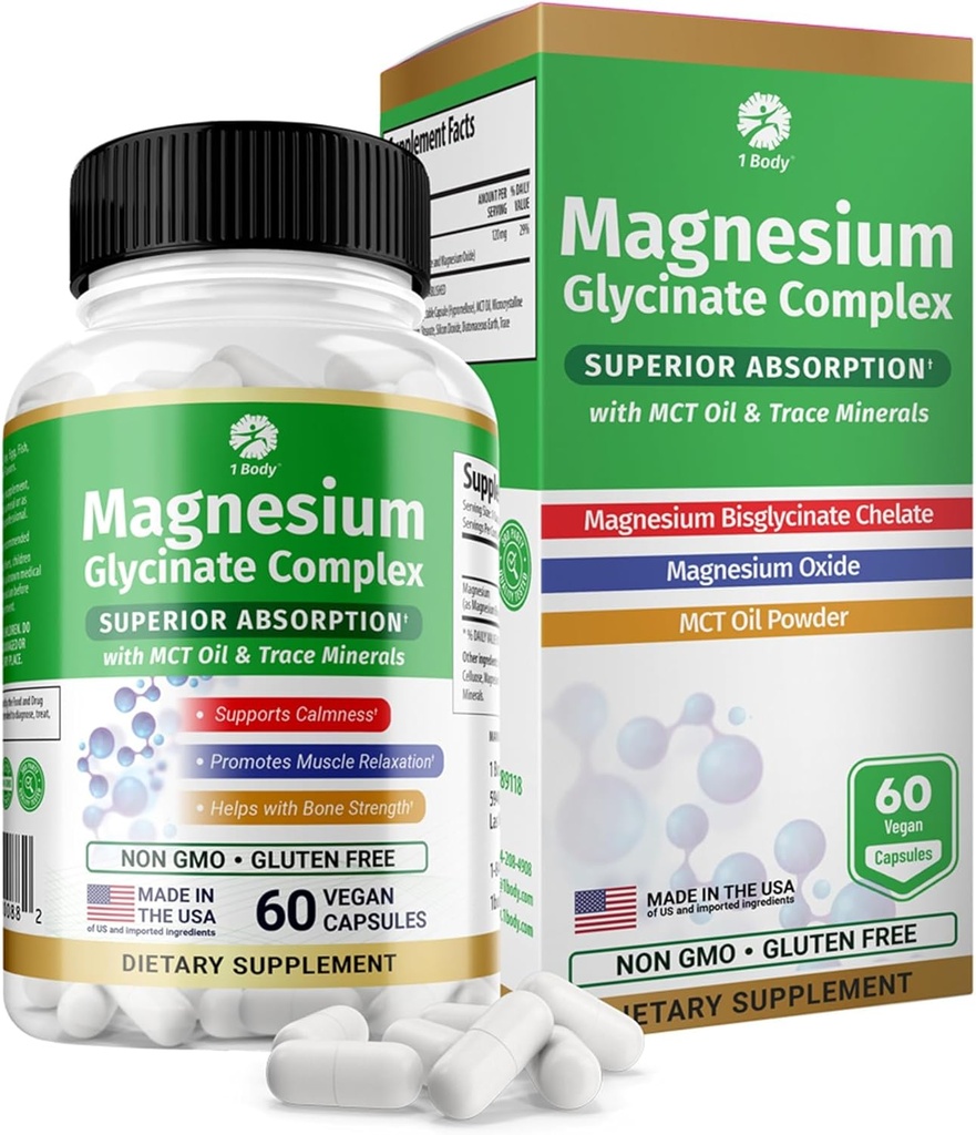 1 Body Glycinate Kompleksi, Yüksek Abors Magnezyum Supplement for Calm, Muscle Relaxation & Bone Health Support, Vegan with MCT Oil & Trace Minerals, Non-GMO, 60 Capsules, Non-GMO, 60 Capsules