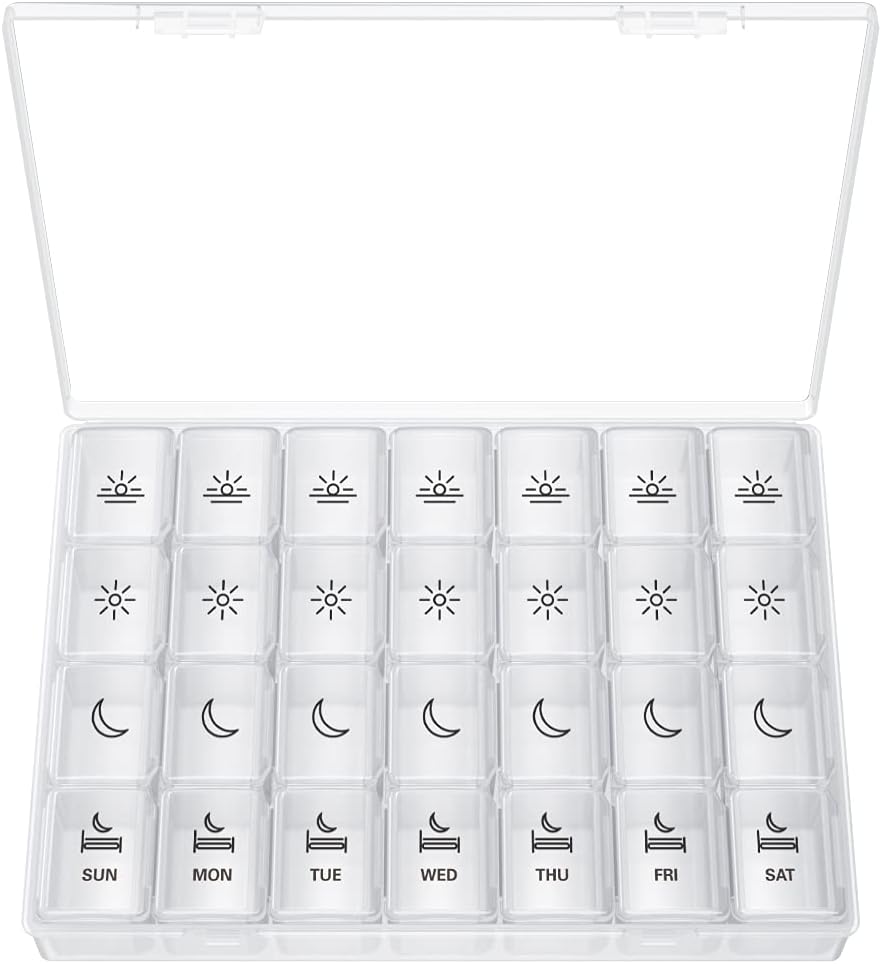 XL Pill Organizer 4 Times bir gün, BUG HULL Ekstra Büyük Haftalık Pill Box Case, 7 Günlük Konteyner Günlük Pill Sahibi Cod-Liver Oil, Vitamins, Supplements (Beyaz)