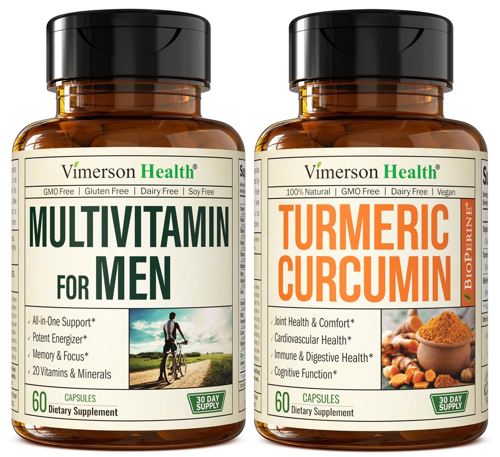 Vimerson Health Men's Multivitamin + Turmeric Curcumin with Black Pepper Extract Sche. Ortak ve Immune Support, Discomfort Relief, Antioksi Properties for Him
