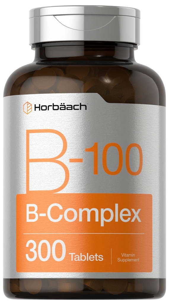Horbäach Vitamin B-100 Kompleksi | Günlük Değerin% 100 | 300 Tablet | Vejetaryen, Non-GMO ve Gluten Free Supplement Supplement Supplement